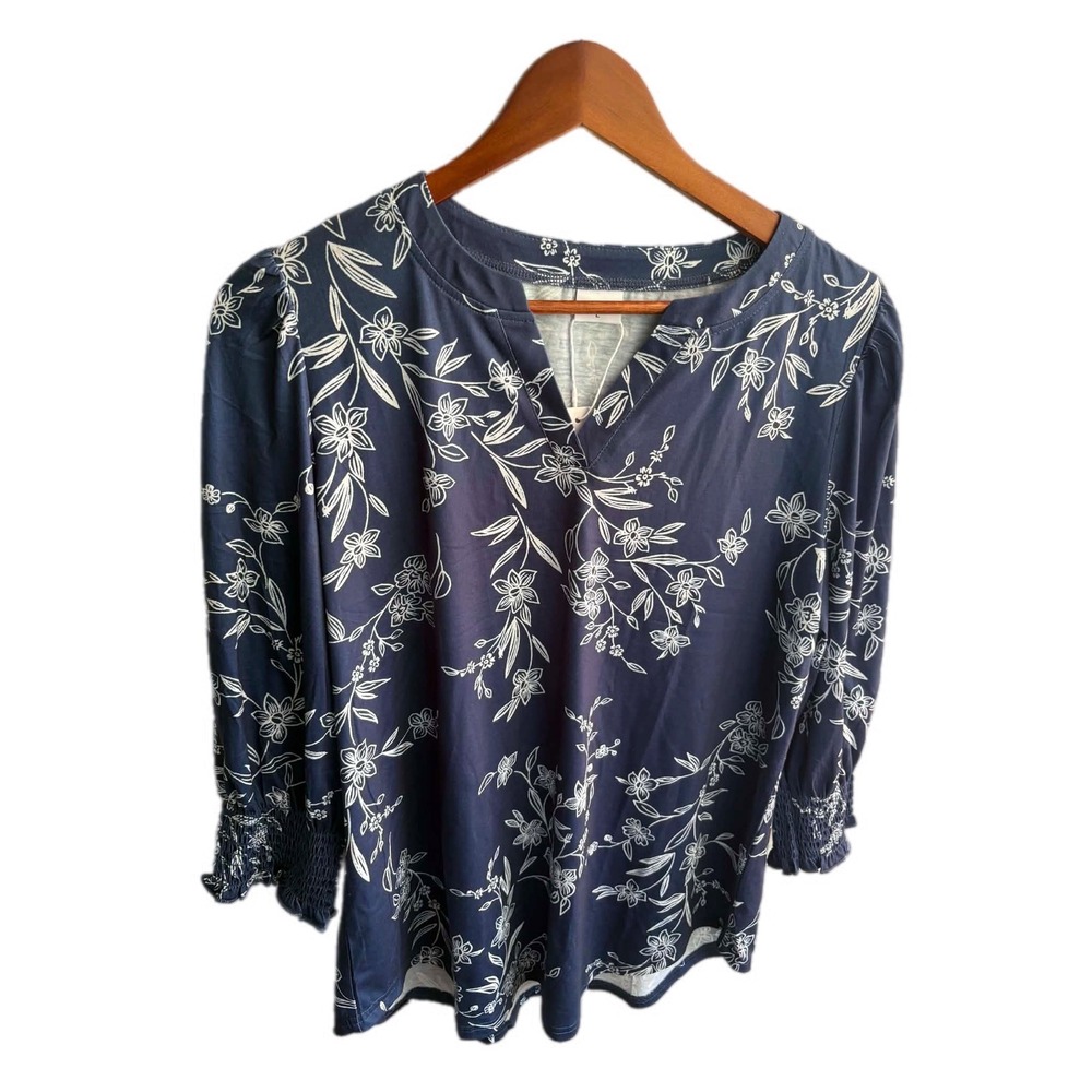 XIEERDUO Floral‎ Blouse Women Large Navy New 3/4 Smocked Sleeve V-Neck Top